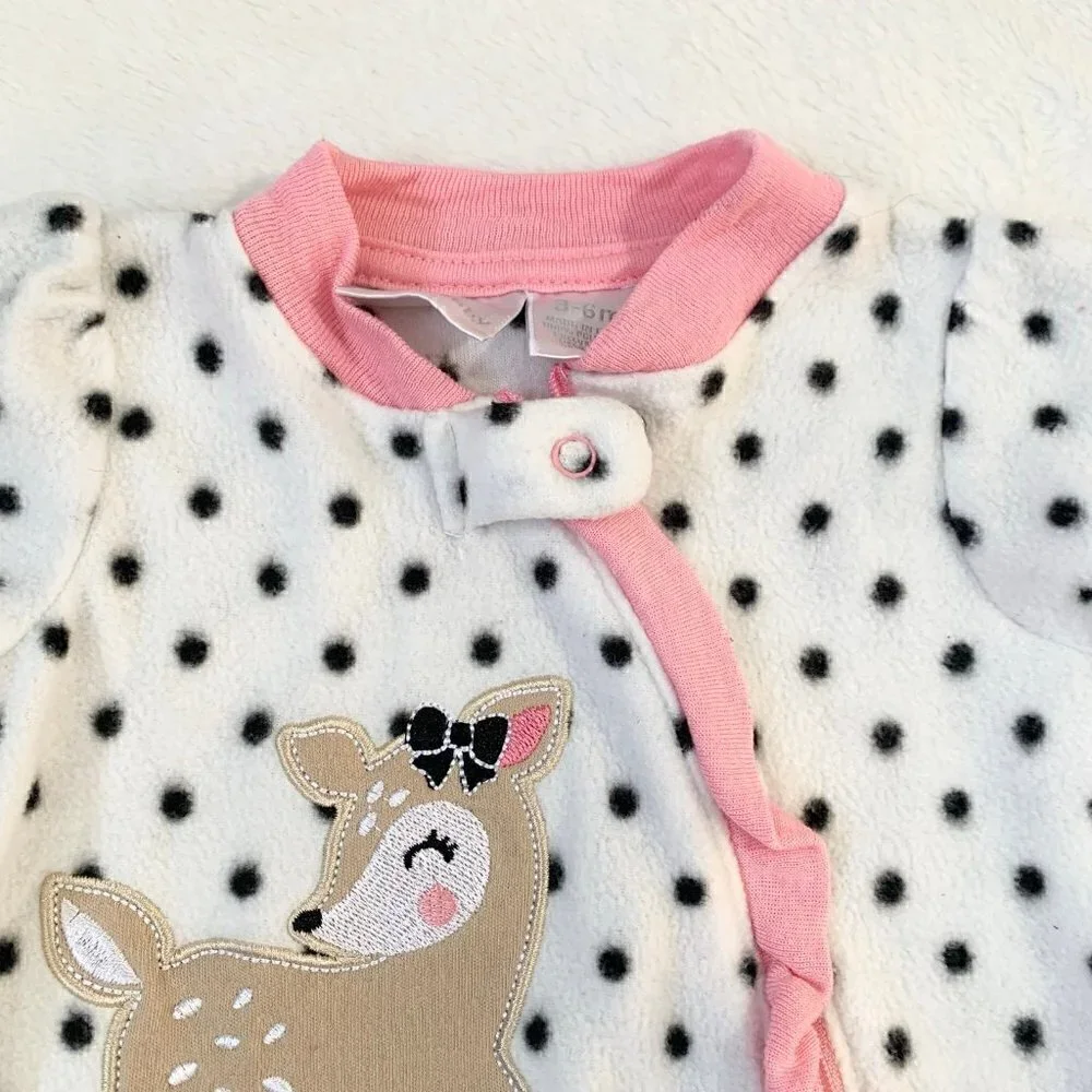 5/$25 Koala Baby Girls White Polka Dot Deer Fleece Footed‎ Sleeper Pajamas 3-6M